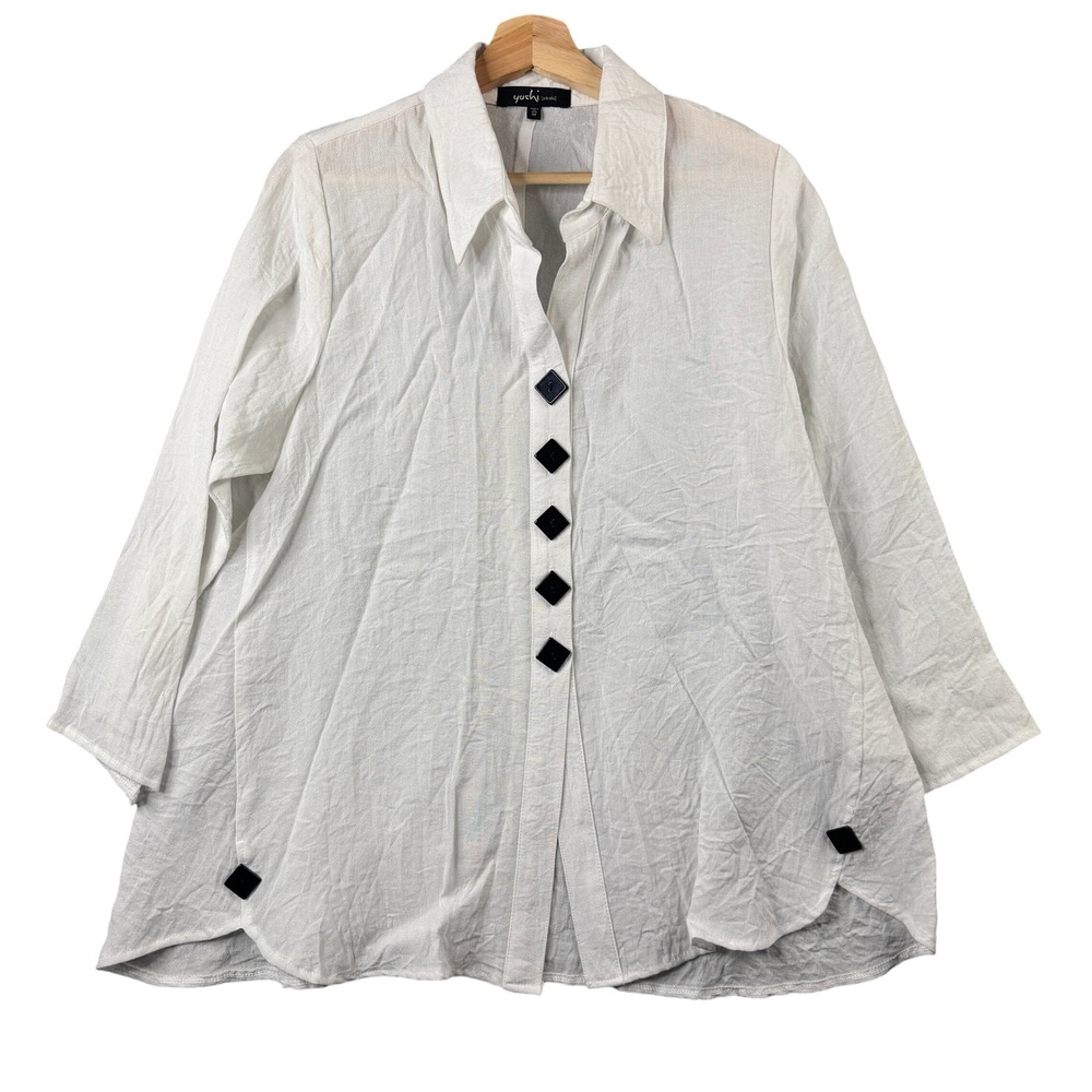 Yushi White Textured Button Up Shirt 3/4 Sleeve Size M Relaxed Fit Lagenlook